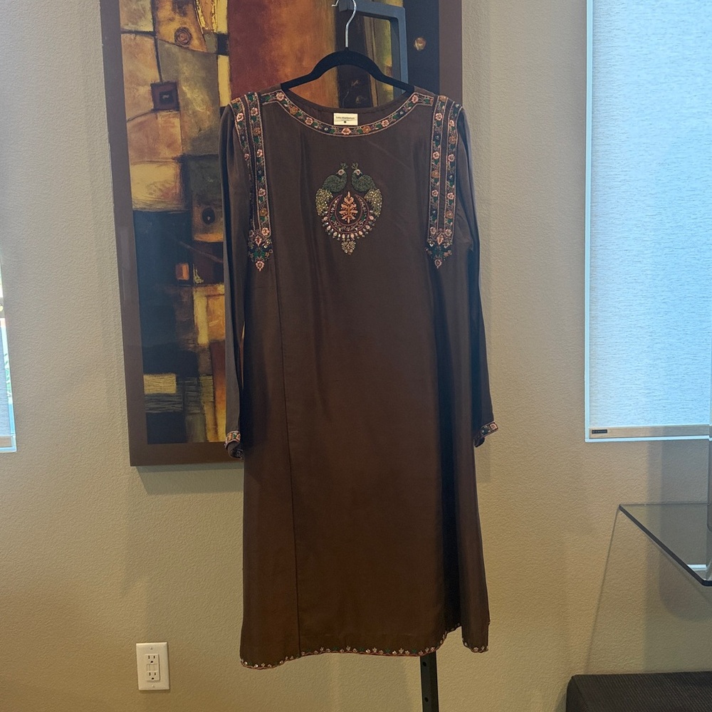 Embroidered Brown Long Sleeve Dress